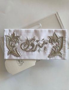 Off-white fabric envelope with hand-stitched sarma embroidery (silver embroidery)