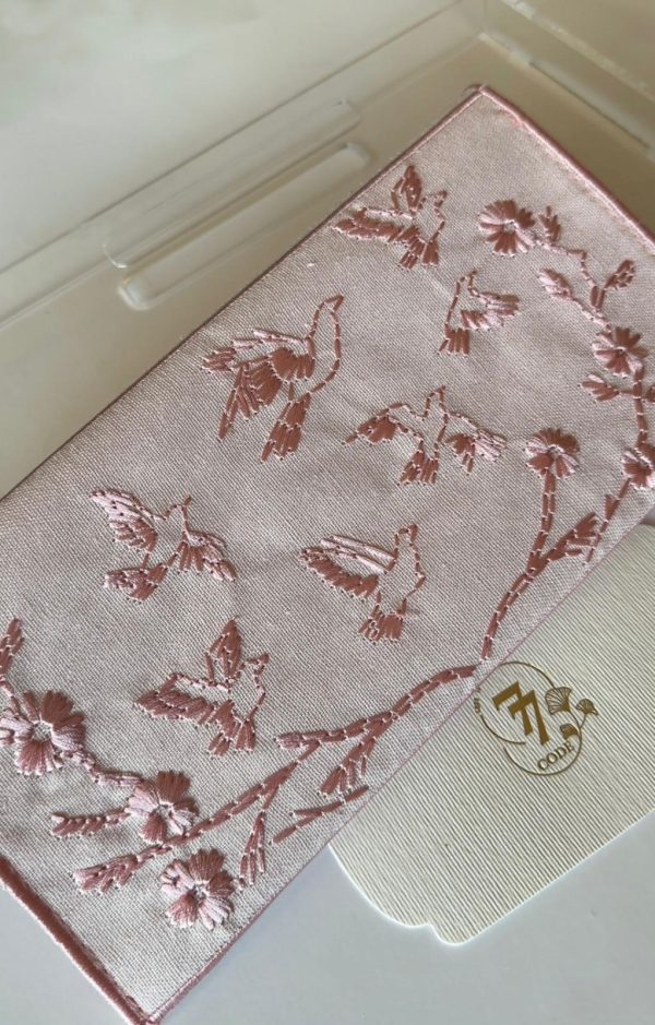 Pink fabric envelope embroidered with roses and birds - Image 2