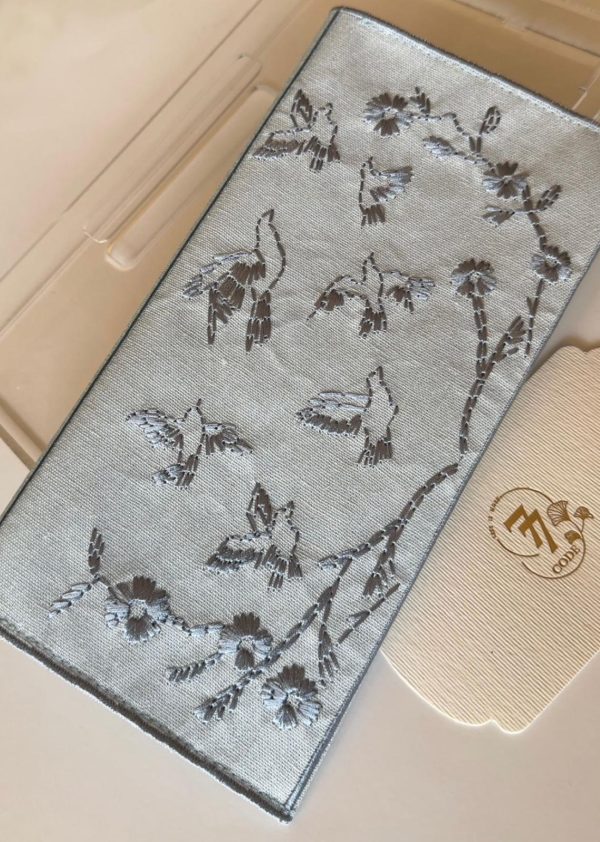 Blue fabric envelope embroidered with roses and birds - Image 2